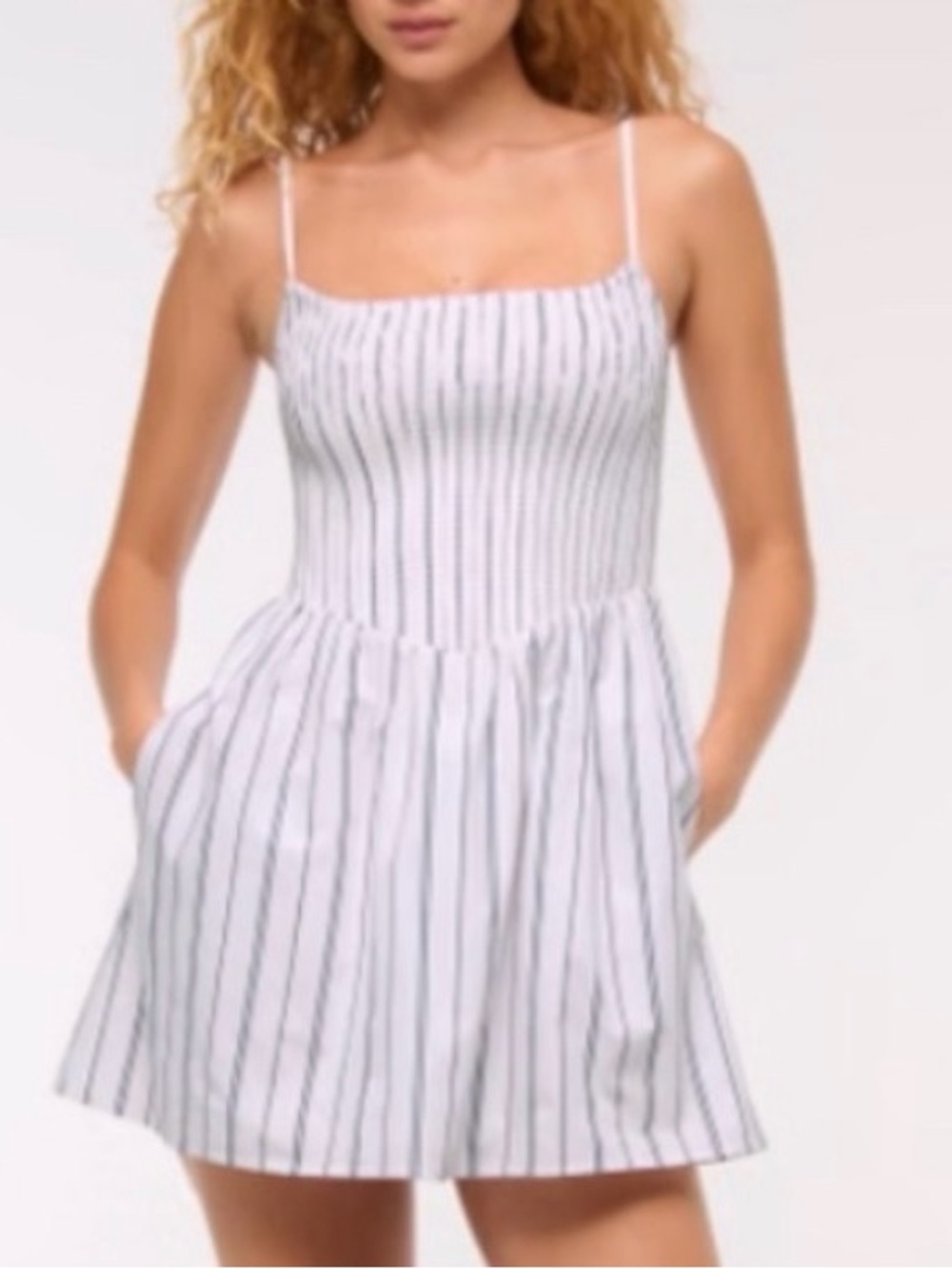 NWT Abercrombie Sydney Smocked Dipped Waist Mini Dress White Blue Stripe